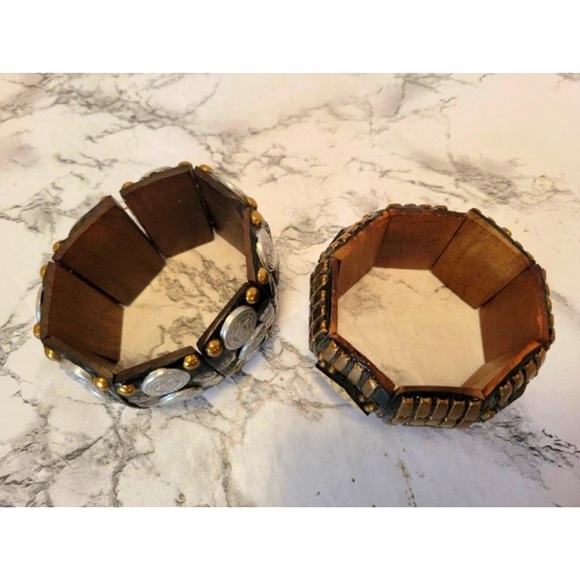 Cuff Bracelets Stretch Wood Panels Decorative Metal Inlay 2+" Wide Chunky Boho - Picture 2 of 4